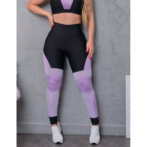 Calça Feminina Legging de Academia Punho com Recortes em Tela e Cirrê