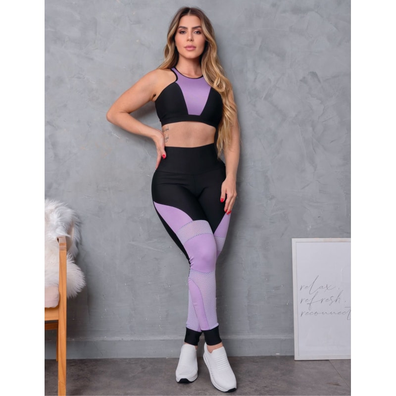 Calça Feminina Legging de Academia Punho com Recortes em Tela e Cirrê
