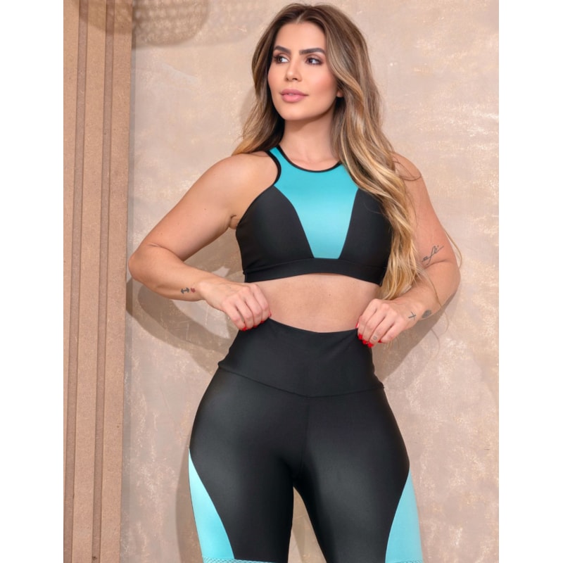 Conjunto Fitness Feminino com Top sem Bojo e Calça com Recortes em Tela e Cirrê