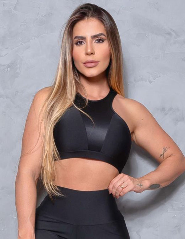 Top Feminino Fitness com Recortes em Tela e Cirrê sem Bojo