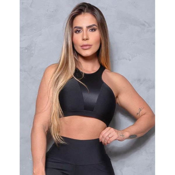 Top Feminino Fitness com Recortes em Tela e Cirrê sem Bojo
