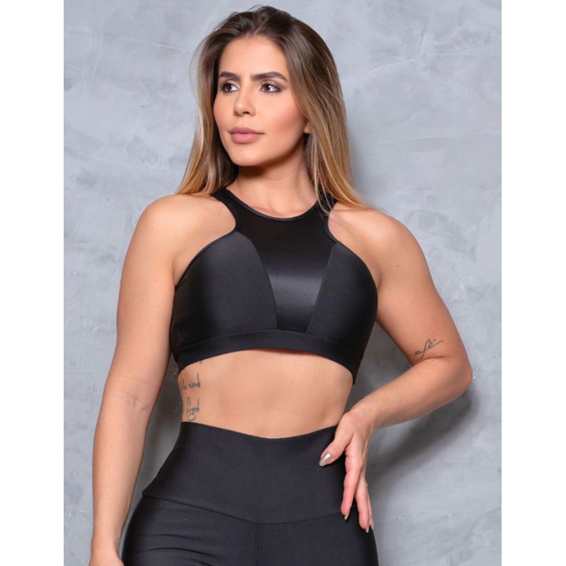 Top Feminino Fitness com Recortes em Tela e Cirrê sem Bojo