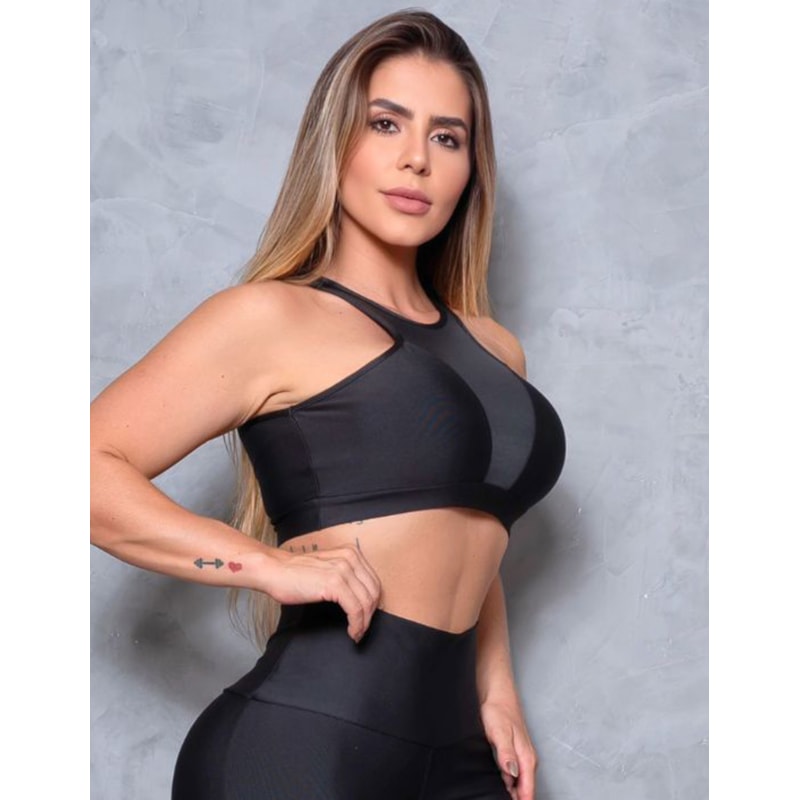 Top Feminino Fitness com Recortes em Tela e Cirrê sem Bojo