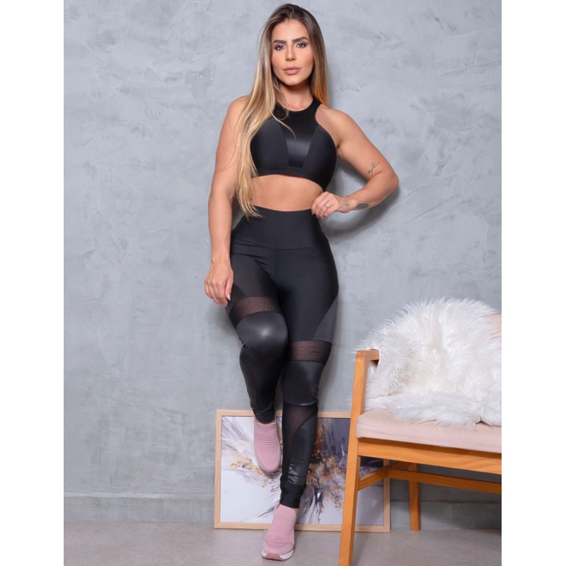 Top Feminino Fitness com Recortes em Tela e Cirrê sem Bojo