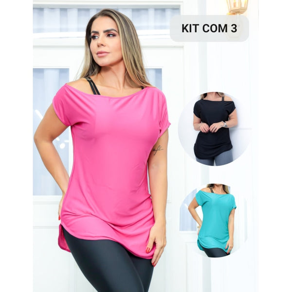 Kit com 3 Blusas Feminina Fitness Dry Fit Ombro Só Seca Rápido para Academia