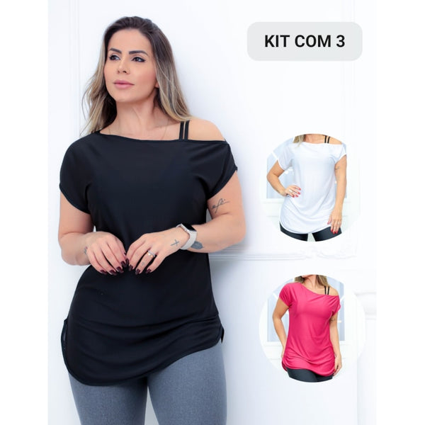 Kit com 3 Blusas Fitness Feminina Dry Fit Ombro Só