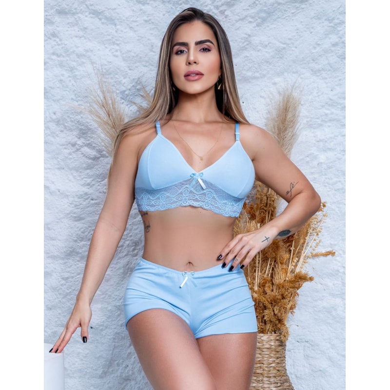 Top Doll Conforto Fitmoda Feminino Pijama Renda e Suede Noite