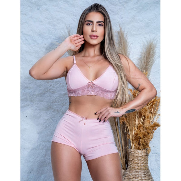 Top Doll Feminino Noite em Suede e Renda Pijama para Dormir