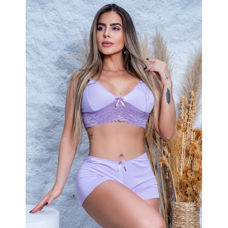Top Doll Pijama de Dormir Baby Doll Dia e Noite em Suede e Renda