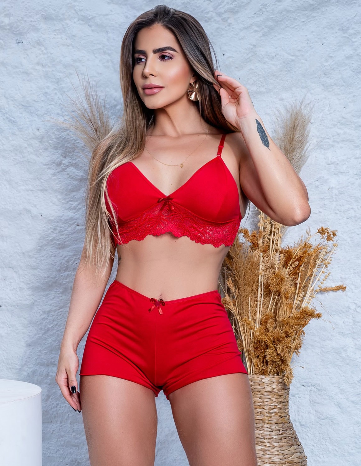 Top Doll Pijama Feminino Renda e Suede Liso
