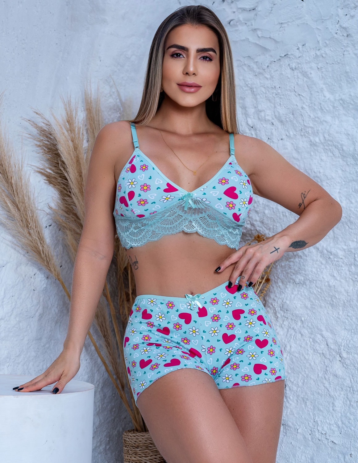 Top Doll Pijama de Dormir Baby Doll Dia e Noite em Suede Estampado e Renda