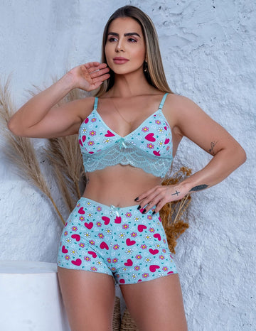 Top Doll Pijama de Dormir Baby Doll Dia e Noite em Suede Estampado e Renda