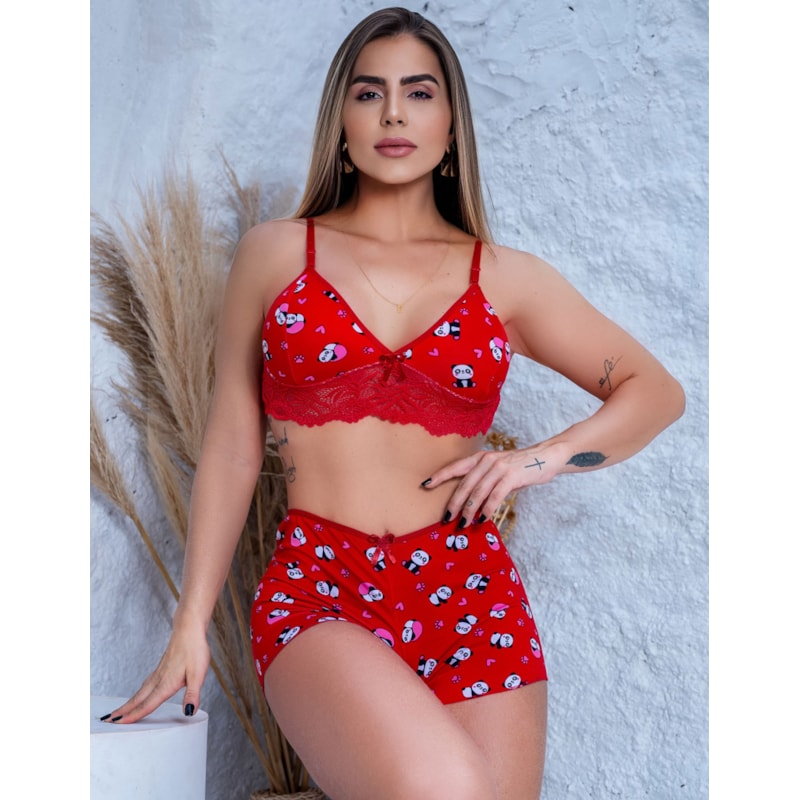 Pijama Short Doll em Suede e Renda Qualidade Fitmoda Linha Noite