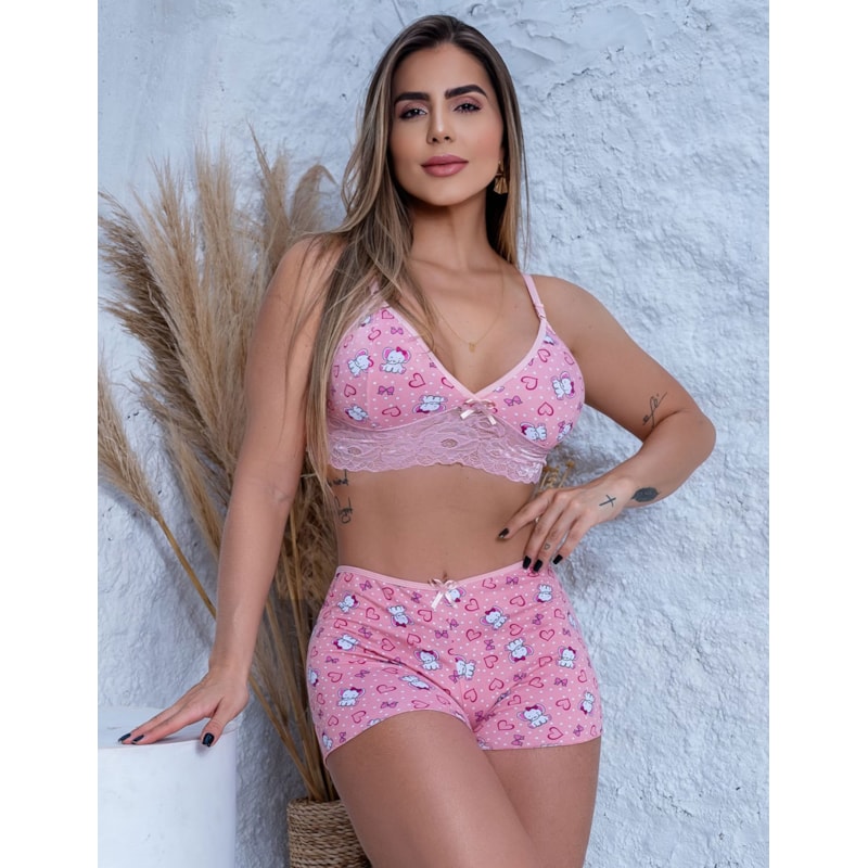 Top Doll Estampado Feminino Baby Doll em Renda e Suede