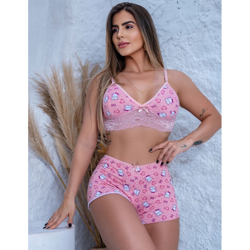 Top Doll Estampado Feminino Baby Doll em Renda e Suede