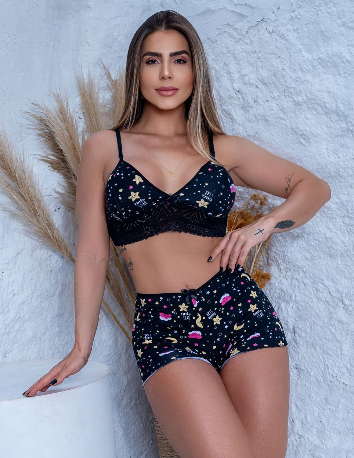 Top Doll Pijama De Dormir Baby Doll Dia E Noite Renda e Suede Estampado