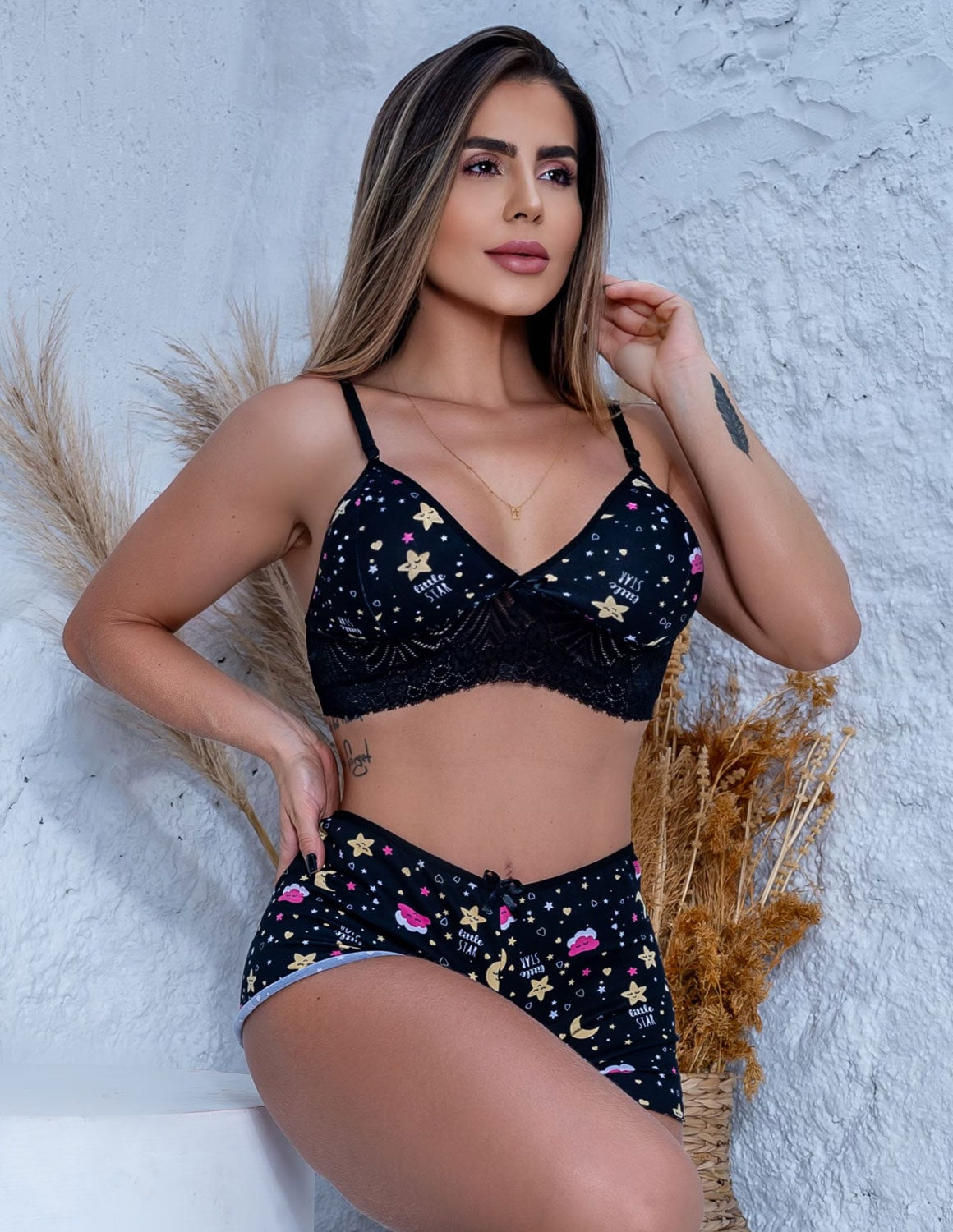 Top Doll Pijama De Dormir Baby Doll Dia E Noite Renda e Suede Estampado