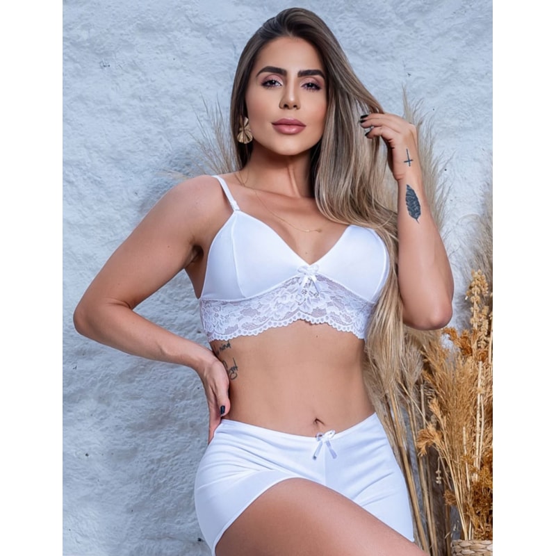 Top Doll Feminino Pijama Renda e Suede Fitmoda