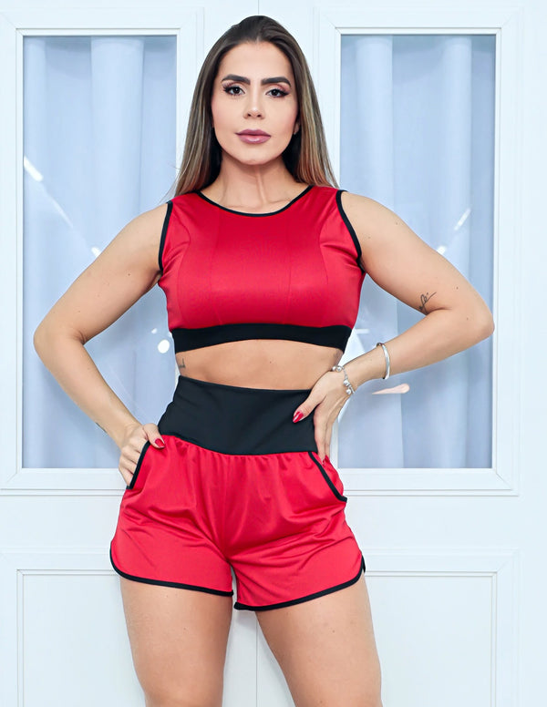 Conjunto Esportivo em Dry Fit Feminino Short Running com Bolsos e Cropped sem Bojo