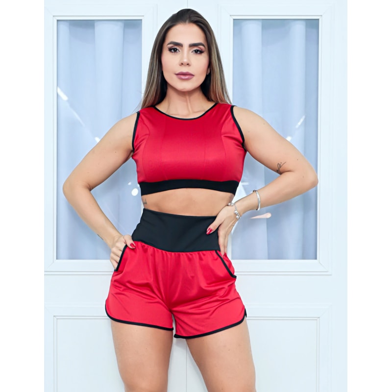 Conjunto Esportivo em Dry Fit Feminino Short Running com Bolsos e Cropped sem Bojo