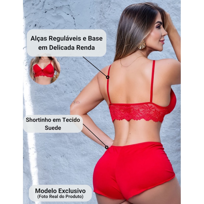 Kit com 2 Conjuntos Top Doll Baby Doll Feminino Pijama Renda Luxo Noite