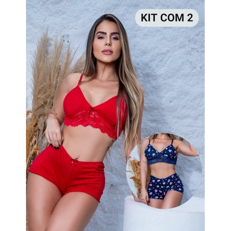 Kit com 2 Conjuntos Top Doll Baby Doll Feminino Pijama Renda Luxo Noite