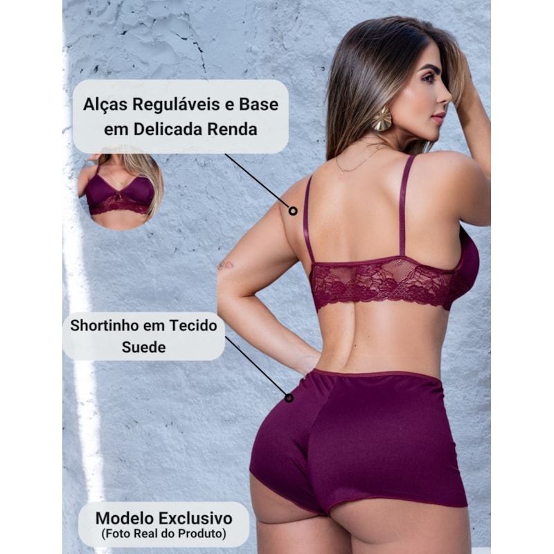 Kit com 2 Conjuntos Top Doll Feminino Pijama Renda e Suede Fitmoda