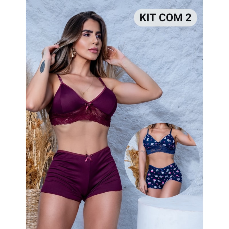 Kit com 2 Conjuntos Top Doll Feminino Pijama Renda e Suede Fitmoda