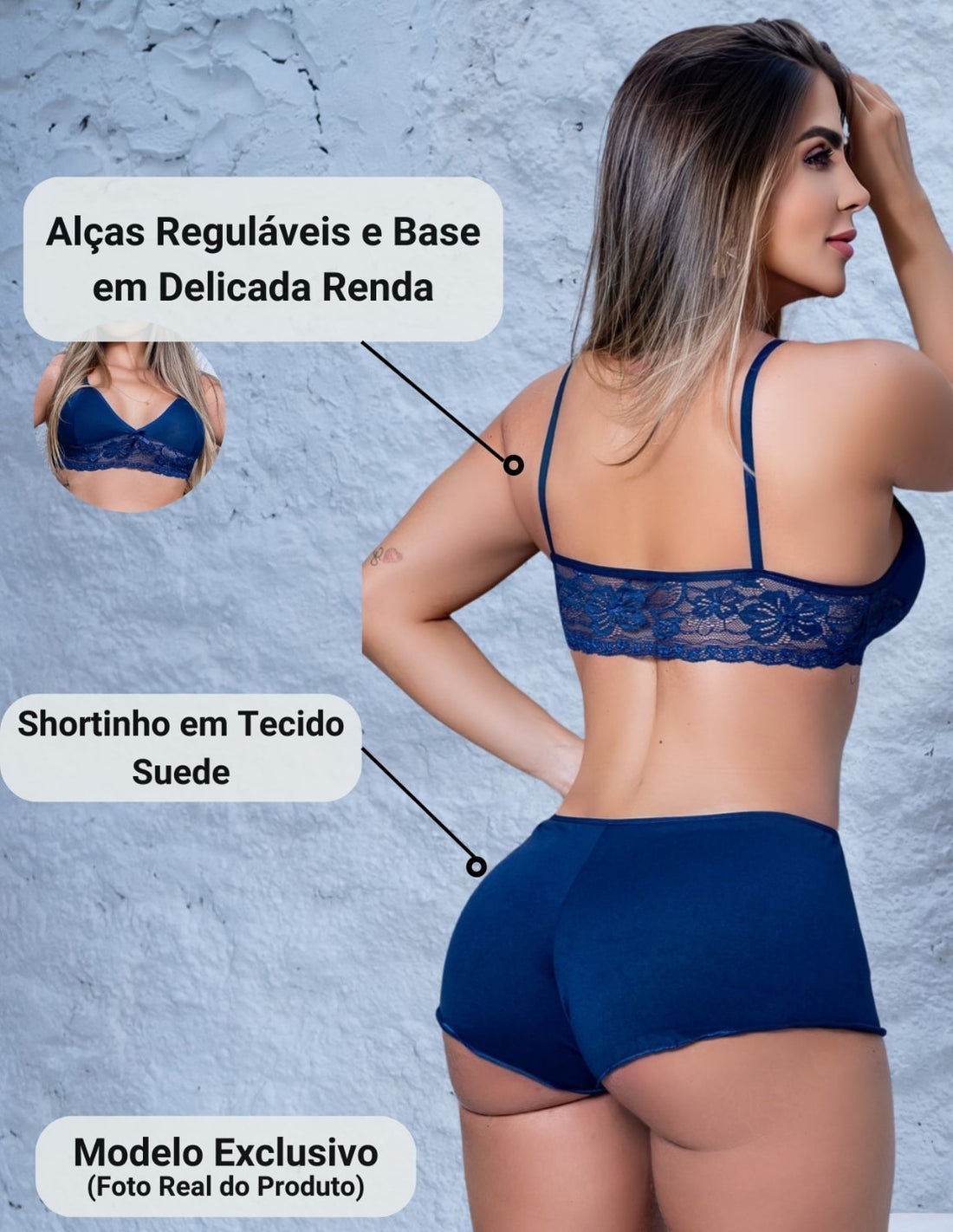 Kit com 2 Conjuntos Top Doll Pijama Feminino Renda e Suede