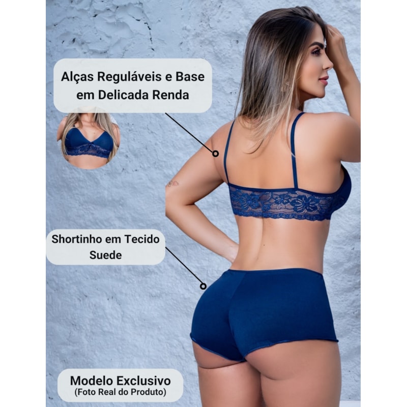 Kit com 2 Conjuntos Top Doll Pijama Feminino Renda e Suede