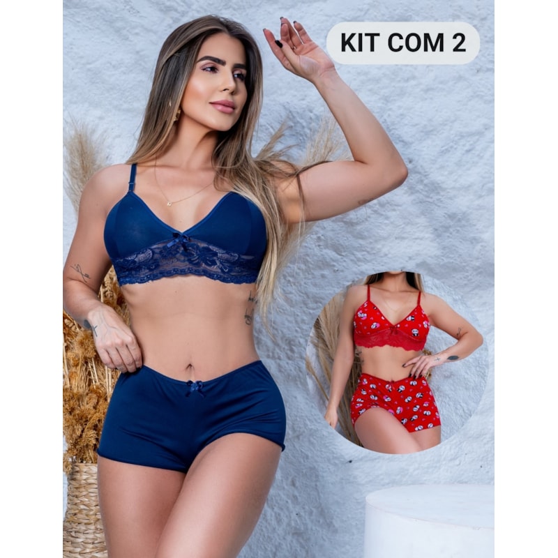 Kit com 2 Conjuntos Top Doll Pijama Feminino Renda e Suede