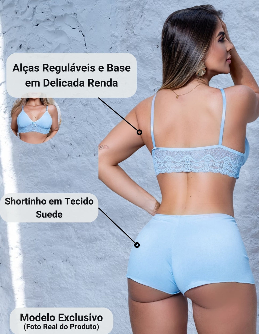 Kit com 2 Conjuntos Top Doll Pijama de Dormir Baby Doll Dia e Noite em Suede e Renda
