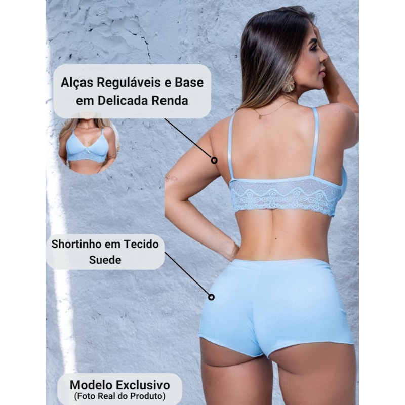 Kit com 2 Conjuntos Top Doll Pijama de Dormir Baby Doll Dia e Noite em Suede e Renda