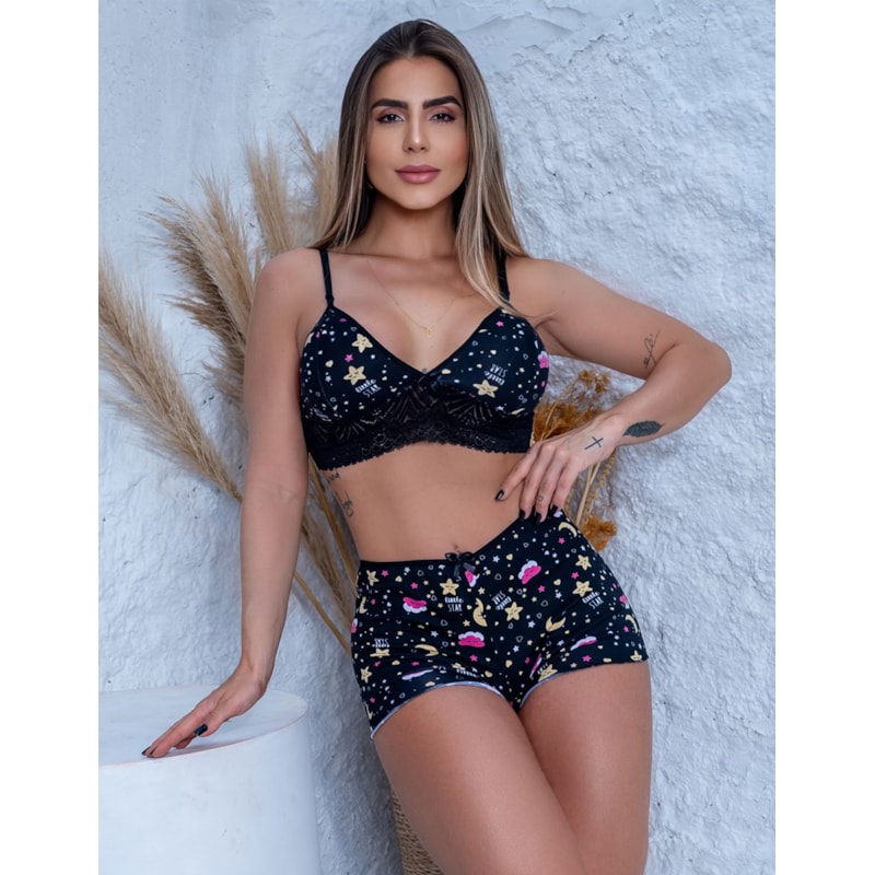 Kit com 2 Conjuntos Top Doll Pijama de Dormir Baby Doll Dia e Noite em Suede e Renda