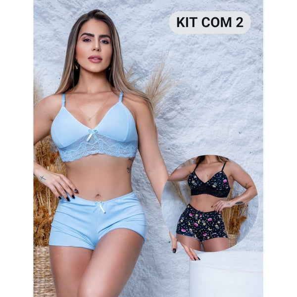 Kit com 2 Conjuntos Top Doll Pijama de Dormir Baby Doll Dia e Noite em Suede e Renda