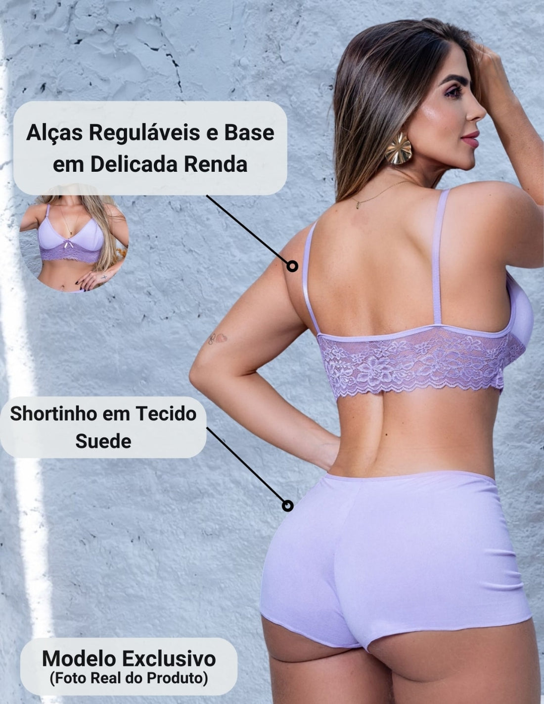 Kit com 2 Conjuntos Top Doll Feminino em Suede e Renda Noite