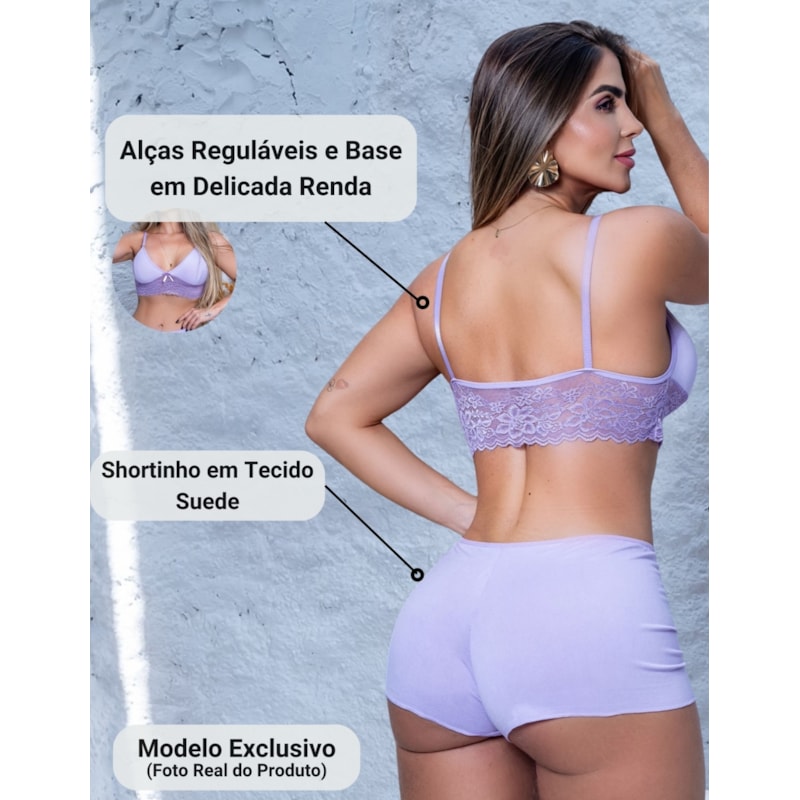 Kit com 2 Conjuntos Top Doll Feminino em Suede e Renda Noite