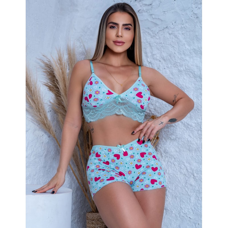 Kit com 2 Conjuntos Top Doll Feminino em Suede e Renda Noite