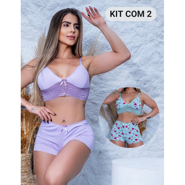 Kit com 2 Conjuntos Top Doll Feminino em Suede e Renda Noite