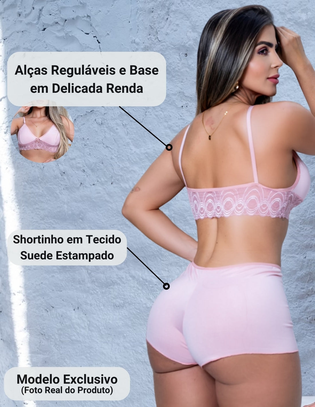 Kit com 2 Conjuntos Top Doll Feminino Noite em Suede e Renda Pijama para Dormir