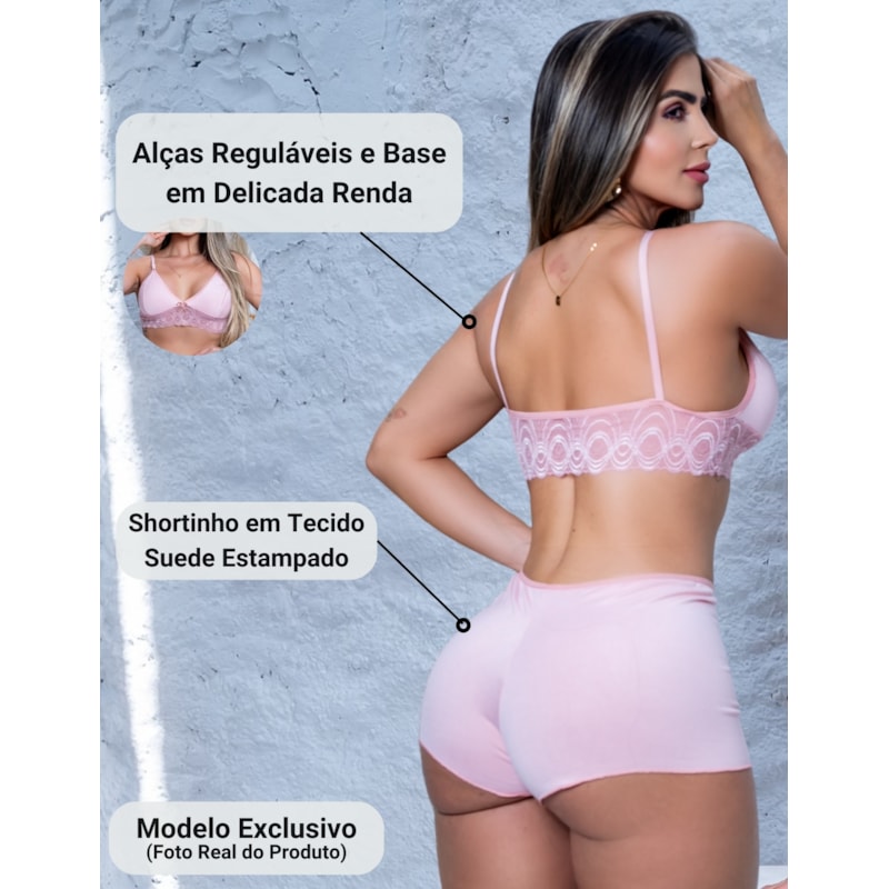 Kit com 2 Conjuntos Top Doll Feminino Noite em Suede e Renda Pijama para Dormir