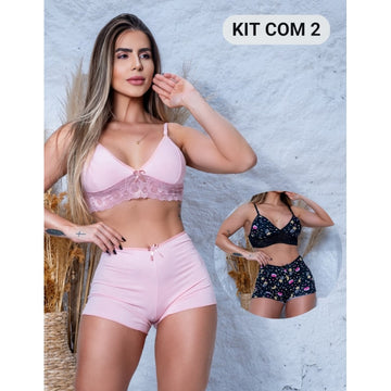 Kit com 2 Conjuntos Top Doll Feminino Noite em Suede e Renda Pijama para Dormir