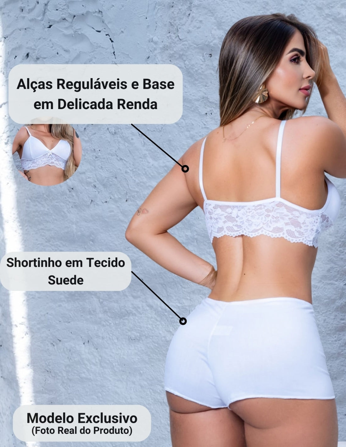 Kit com 2 Conjuntos Top Doll Conforto Fitmoda Feminino Pijama Renda e Suede Noite