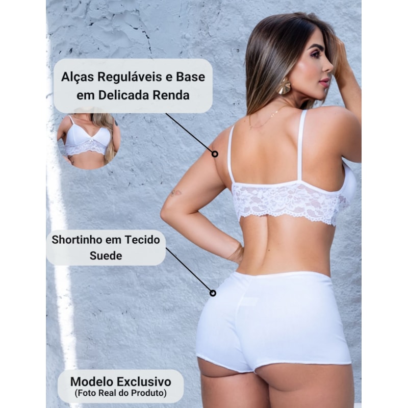 Kit com 2 Conjuntos Top Doll Conforto Fitmoda Feminino Pijama Renda e Suede Noite