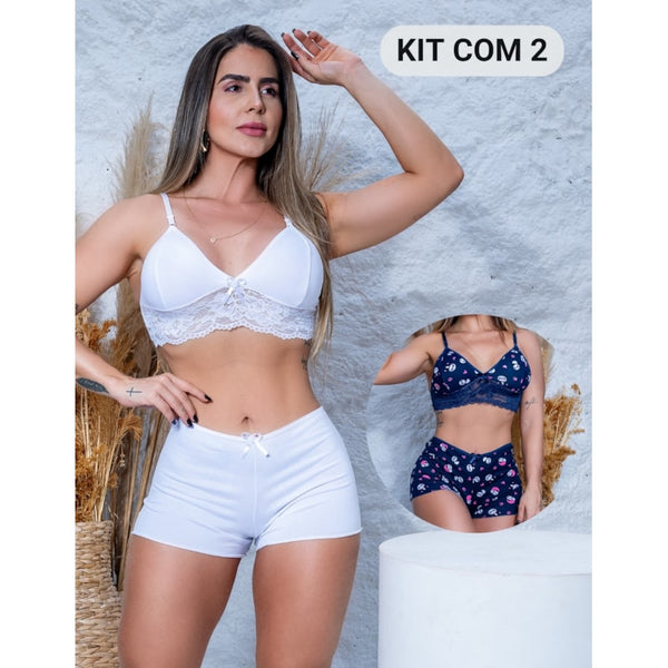 Kit com 2 Conjuntos Top Doll Conforto Fitmoda Feminino Pijama Renda e Suede Noite