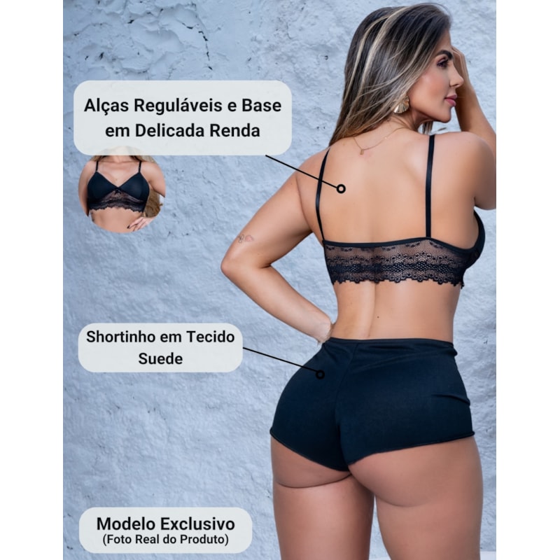Kit com 2 Conjuntos Top Doll Pijaminha Feminino em Suede e Renda