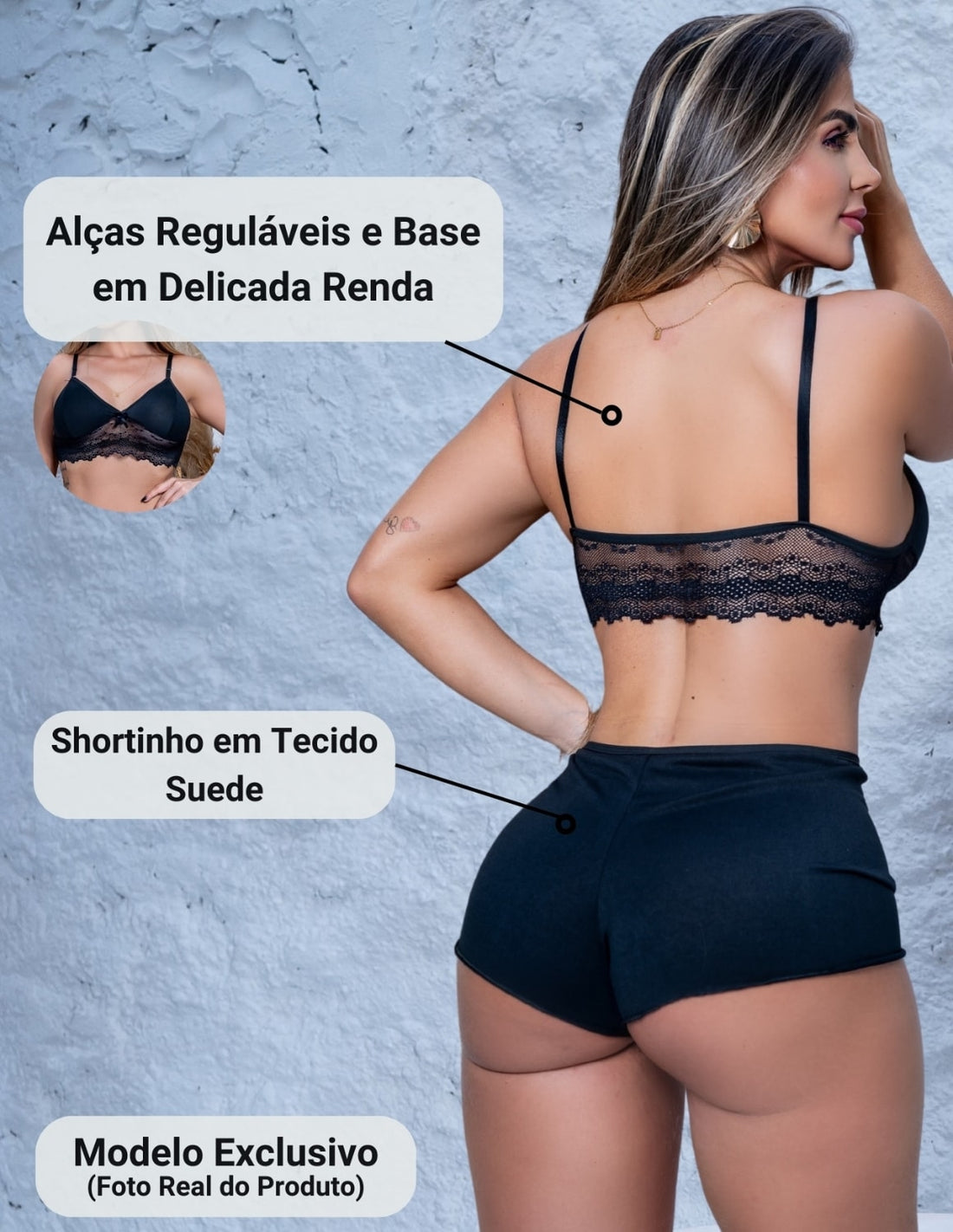 Kit com 2 Conjuntos Top Doll Pijaminha Feminino em Suede e Renda