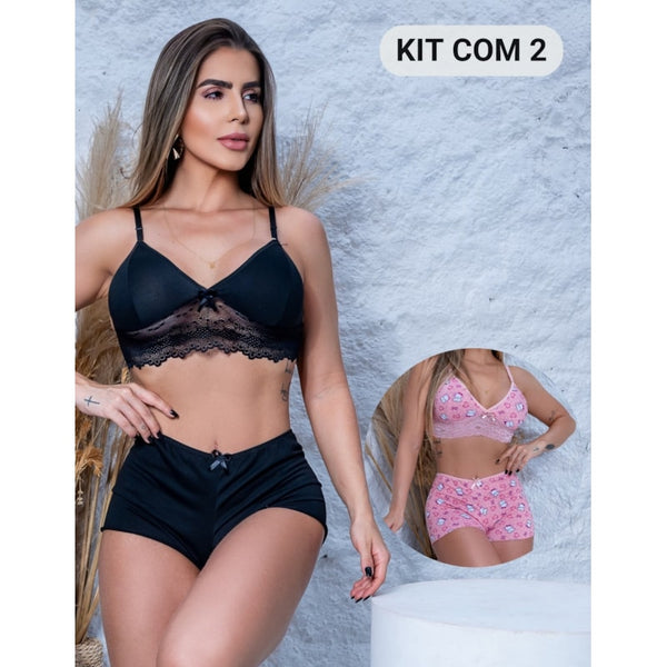 Kit com 2 Conjuntos Top Doll Pijaminha Feminino em Suede e Renda