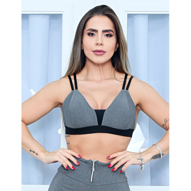 Conjunto Feminino Fitness Top com Bojo e Calça Fusô com Zíper