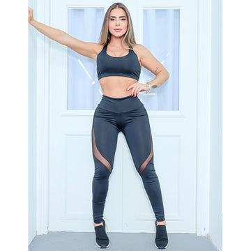 Conjunto Feminino Calça Fitness com Tule e Bolsos nas Laterais e Top